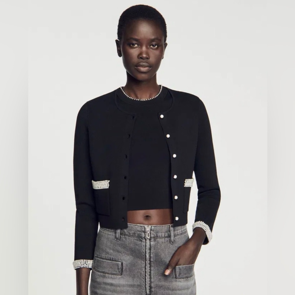Sandro Black Cropped Cardigan with Crystal Trim - Picture 2 of 15
